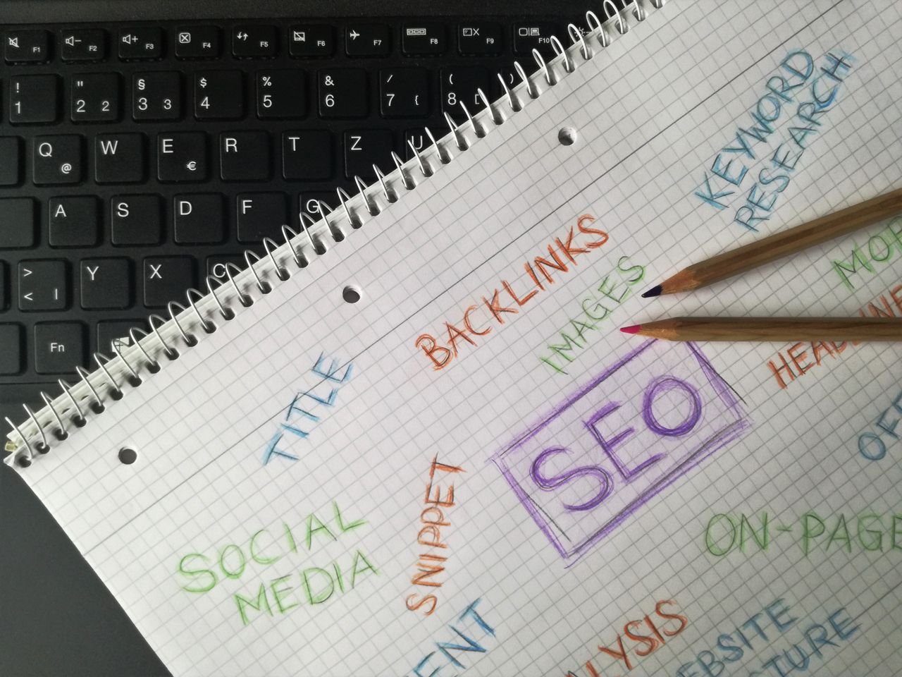 our-experience Close-up of notebook with SEO terms and keywords, highlighting digital marketing strategy.